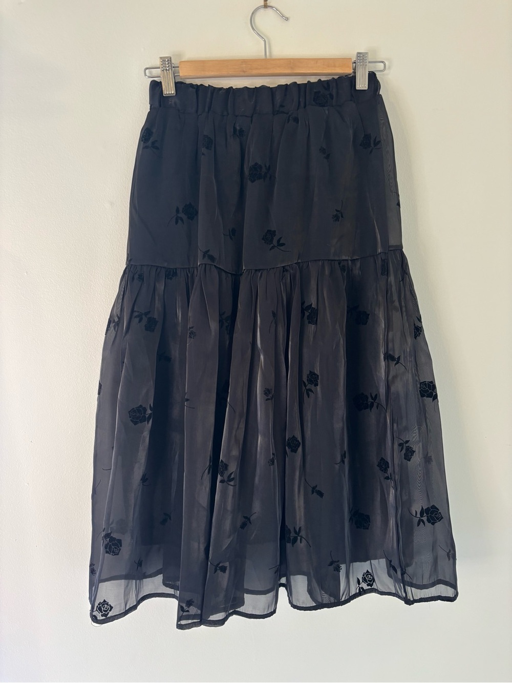 Black Floral Sheer Midi Skirt with Satin Slip